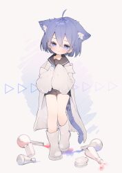  1girl absurdres ahoge animal_ear_fluff animal_ears black_sailor_collar black_shorts blue_eyes blue_hair blush boots brm_1925 cat_ears cat_girl cat_tail closed_mouth commentary_request commission double-parted_bangs flask full_body hair_between_eyes hair_intakes highres lab_coat long_sleeves original rubber_boots sailor_collar short_hair shorts simple_background skeb_commission sleeves_past_fingers sleeves_past_wrists solo standing tail white_background white_boots 