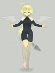  1girl ahoge angel_wings barefoot blazblue blonde_hair bodysuit closed_eyes highres lambda-11 wings yuya_(artist) 
