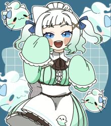  1girl blue_eyes eahy_yuki gradient_hair green_hair green_sleeves hair_ornament highres indie_virtual_youtuber looking_at_viewer maid maid_headdress mint_fantome mint_fantome_(otaku) multicolored_hair open_mouth solo triangular_headpiece virtual_youtuber white_hair x_hair_ornament 