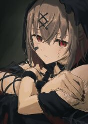  1girl arm_tattoo asanagi_ron bandaid bandaid_on_face bare_shoulders black_background black_choker black_dress black_hood black_tank_top choker closed_mouth colored_inner_hair commentary_request crossed_arms crossed_bangs dress gauze_on_arm grey_hair hair_ornament highres looking_at_viewer mahou_shoujo_no_majo_saiban multicolored_hair nail_polish portrait red_eyes red_hair red_nails shito_alisa short_hair simple_background solo sound_effects stitched_face stitches tank_top tattoo x_hair_ornament 