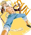  1boy abs aiming_at_viewer belt blonde_hair chain gun jeans jewelry looking_at_viewer monkey_tail muscle open_clothes open_shirt pendant remia rwby short_hair shotgun spiky_hair sun_wukong_(rwby) tail weapon 