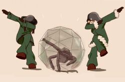  1other 2girls alien ball black_gloves black_hair blonde_hair brown_background brown_shoes chito_(shoujo_shuumatsu_ryokou) coat combat_helmet dab_(dance) full_body fur-trimmed_coat fur-trimmed_sleeves fur_trim gloves green_coat green_pants helmet invisible_floor long_sleeves multiple_girls pants project_hail_mary rocky_(project_hail_mary) shadow shoes shoujo_shuumatsu_ryokou sidelocks simple_background soto_robo yuuri_(shoujo_shuumatsu_ryokou) 