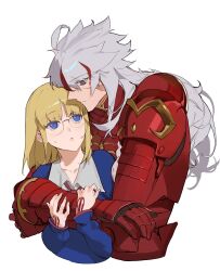  1boy 1girl ahoge alter_servant armor blonde_hair blue_eyes braid collared_shirt command_spell commentary_request cropped_torso fate/strange_fake fate_(series) glasses highres hug hug_from_behind korean_commentary long_hair medium_hair multicolored_hair red_streaks richard_i_(fate) sajou_ayaka_(fate/strange_fake) scar scar_on_face shirt side_braid simple_background streaked_hair sweatdrop sweater white_background white_hair yubyub126 