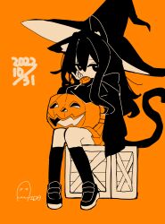  1girl absurdres aida_(aidia) animal_ears black_eyes black_hair black_hat black_shoes black_thighhighs candy cat_ears cat_girl cat_tail commentary_request food hat highres jack-o'-lantern limited_palette lollipop looking_at_viewer mouth_hold orange_background orange_skirt orange_theme original pumpkin shoes sitting skirt solo tail thigh-highs witch_hat 