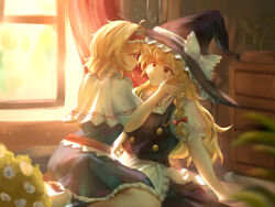  2girls alice_margatroid apron black_dress black_hat black_vest blonde_hair blurry blurry_foreground capelet commentary curtains day dress h3p0 hairband hat heart heart-shaped_pupils highres indoors kirisame_marisa long_hair medium_hair multiple_girls parted_lips red_hairband shirt sitting sitting_on_lap sitting_on_person symbol-shaped_pupils touhou vest white_apron white_capelet white_shirt window witch_hat yuri 