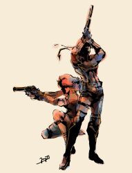  1boy 1girl aiming aiming_up bandana bodysuit boots closed_mouth complementary_colors desert_eagle faceless gloves gun h&amp;k_mark_23 handgun headband highres holding holding_gun holding_weapon kneeling limited_palette meryl_silverburgh metal_gear_(series) metal_gear_solid on_one_knee shinkawa_youji short_hair signature sneaking_suit solid_snake standing suppressor tank_top weapon white_background 