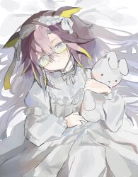  1girl alternate_costume animal_ears blue_eyes blush bow brown_hair colored_inner_animal_ears colored_inner_hair commentary dot_nose dream_journey_(umamusume) dress ears_down english_commentary eyewear_strap frilled_dress frills hair_between_eyes hair_spread_out hand_on_lap headband highres holding holding_stuffed_toy horse_ears horse_girl kohak091 layered_sleeves lolita_fashion long_hair long_sleeves lying miffy_(character) multicolored_hair neck_ribbon on_back pleated_dress puffy_sleeves ribbon simple_background smile solo streaked_hair stuffed_animal stuffed_rabbit stuffed_toy umamusume white_background white_bow white_dress white_headband white_streaks 