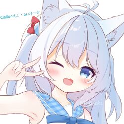 1girl :3 :d ;3 ;d animal_ear_fluff animal_ears antenna_hair bare_shoulders blue_bow blue_eyes blue_hair blue_sailor_collar blush bow charo_(meme) chinese_commentary commentary_request eyelashes fang hair_between_eyes hair_bow hand_up happy highres horiz_(vrchat) long_hair meme one_eye_closed open_mouth plaid_clothes plaid_sailor_collar portrait red_bow sailor_collar sidelocks simple_background skin_fang smile solo star_(symbol) two_side_up user_cazy4435 v vrchat white_background 