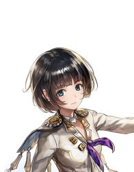  1girl another_eden another_eden_art_team black_hair blazer blue_eyes blunt_bangs bob_cut breasts closed_mouth jacket long_sleeves lowres medium_breasts neckerchief official_art purple_neckerchief saki_(another_eden) school_uniform short_hair simple_background smile solo tachi-e third-party_source transparent_background upper_body variant_set white_jacket 