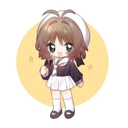  :d antenna_hair black_shirt black_shoes blush brown_hair cardcaptor_sakura chibi chibi_only commentary full_body green_eyes hair_intakes hat kinomoto_sakura kneehighs long_sleeves looking_at_viewer necktie open_mouth pleated_skirt roro_(lolo) sailor_collar school_uniform shirt shoes short_hair skirt smile socks sparkle standing tomoeda_elementary_school_uniform untranslatable_commentary white_hat white_necktie white_sailor_collar white_skirt white_socks 