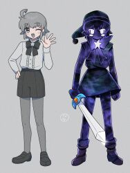  1girl bow character_request check_character dual_persona full_body grey_hair hat highres holding holding_sword holding_weapon kanafumi_(spindle) kirby kirby_(series) long_sleeves looking_at_viewer open_mouth pantyhose shirt short_hair simple_background skirt solo sword sword_kirby weapon white_background 