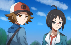  2boys absurdres ahoge black_hair blue_jacket brown_eyes brown_hair cheren_(pokemon) closed_mouth clouds commentary_request day glasses hat highres hilbert_(pokemon) jacket looking_to_the_side male_focus multiple_boys nemusugi_1119 open_clothes open_jacket outdoors pokemon pokemon_black_and_white shirt short_hair sky strap 