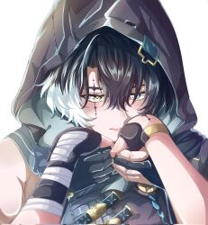  1boy 1girl bandaged_hand bandages black_gloves black_hood commentary_request corrupted_twitter_file female_pov female_rover_(wuthering_waves) gloves green_eyes hair_between_eyes heterochromia highres hina1103 jingran_(wuthering_waves) looking_at_viewer male_focus multicolored_hair open_mouth pov red_gloves rover_(wuthering_waves) streaked_hair tacet_mark_(wuthering_waves) taking_another's_hand upper_body wuthering_waves yellow_eyes 