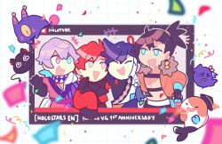  4boys anniversary banzoin_hakka closed_eyes confetti creature gavis_bettel highres holostars holostars_english holotempus jacket josuiji_shinri machina_x_flayon male_focus milestone_celebration multiple_boys orange_jacket picture_frame raienn red_hair red_jacket smile 