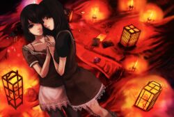  2girls amakura_mayu amakura_mio bandaged_leg bandages black_dress black_hair brown_eyes candle commentary_request dress fatal_frame fatal_frame_ii:_crimson_butterfly gauss_<bokashi hand_on_another's_shoulder highres interlocked_fingers looking_at_viewer multiple_girls pantyhose short_hair siblings sisters skirt twins white_skirt 