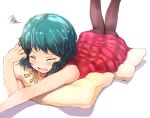  1girl bare_arms closed_eyes dress flan_(harry_mackenzie) green_hair kazami_yuuka knees_together legs_up lying on_stomach open_mouth pantyhose pillow plaid plaid_dress shadow short_hair simple_background solo squiggle touhou white_background 