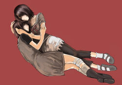  2girls amakura_mayu amakura_mio bandaged_leg bandages black_pants boots brown_boots brown_dress brown_eyes brown_hair commentary_request dress fatal_frame fatal_frame_ii:_crimson_butterfly gauss_<bokashi head_on_chest hug lying multiple_girls on_side pants red_background red_ribbon ribbon short_hair siblings sisters skirt twins white_skirt 