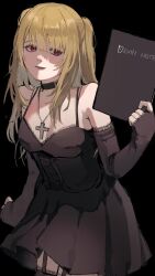  1girl amane_misa bare_shoulders black_background black_choker black_dress blonde_hair choker cross cross_necklace death_note death_note_(object) detached_sleeves dress goth_fashion highres holding holding_notebook jewelry lace lace_thighhighs long_hair necklace notebook red_eyes solo sushirice_0 thigh-highs two_side_up 