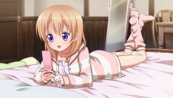  1girl :d bed_sheet blush cardigan cellphone chair charm_(object) collarbone flip_phone frilled_shirt frills full-length_mirror full_body game_asset gochuumon_wa_usagi_desu_ka? gochuumon_wa_usagi_desu_ka??_wonderful_party! hair_between_eyes hood hood_down hooded_cardigan hoto_cocoa indoors kneehighs legs_up long_sleeves looking_at_phone loungewear lying medium_hair mirror official_art on_bed on_stomach open_cardigan open_clothes open_mouth orange_hair phone pillow pink_cardigan pink_shirt pink_socks self-datamine shirt smile socks solo striped_cardigan violet_eyes 