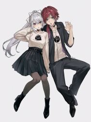  1boy 1girl alternate_costume bad_id bad_twitter_id belt black_jacket black_pants black_shoes black_skirt boots bow collar collarbone collared_jacket couple green_eyes grey_background grey_hair hair_bow hair_ribbon happyceleryisme hetero high-waist_skirt high_heel_boots high_heels highres higuchi_kaede holding holding_hands holding_leash jacket lauren_iroas leash long_hair long_sleeves looking_at_viewer mole mole_under_eye nijisanji open_clothes open_jacket open_mouth pants pantyhose pleated_skirt ponytail print_shirt red_hair ribbon shirt shoes side_ponytail simple_background sitting skirt sleeves_rolled_up sweater twitter_username violet_eyes virtual_youtuber white_ribbon white_shirt 