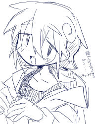  1boy :d absurdres commentary_request dot_nose double-parted_bangs fang greyscale hair_between_eyes hand_up highres hood hood_down hoodie long_sleeves male_focus monochrome open_clothes open_hoodie open_mouth original raito-kun_(uenomigi) short_hair simple_background sketch smile thick_eyebrows translation_request uenomigi upper_body white_background 