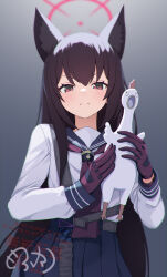  1girl animal_ears blue_archive blue_sailor_collar blue_skirt brown_hair commentary_request cowboy_shot fox_ears fox_girl gloves gradient_background grey_background hair_between_eyes halo highres holding holding_toy long_hair long_sleeves looking_at_viewer mofu_namako neckerchief pleated_skirt red_eyes red_gloves red_halo red_neckerchief rubber_chicken sailor_collar school_uniform serafuku serious shirt signature skirt solo tactical_school_uniform toy watermark white_shirt yukino_(blue_archive) 