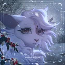  animal animal_focus berry cat commission fluffy grey_eyes highres looking_at_viewer mihuashi_commission no_humans original outdoors portrait presoy snow solo too_many_watermarks tree warrior_cats watermark white_cat 