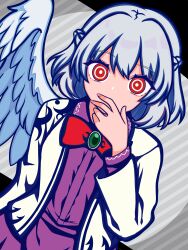  1girl absurdres akatsuki_records bow bowtie braid brooch commentary_request covering_own_mouth dress feathered_wings grey_hair grey_jacket grey_wings half_up_braid highres jacket jewelry kishin_sagume kukurukurukuru long_sleeves looking_at_viewer medium_hair open_clothes open_jacket purple_dress red_bow red_bowtie red_eyes ringed_eyes single_wing solo touhou wings 