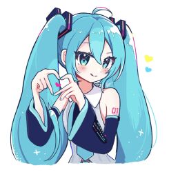  1girl ahoge aoiyui aqua_eyes aqua_hair aqua_nails aqua_necktie bare_shoulders commentary detached_sleeves grey_shirt hatsune_miku hatsune_miku_(vocaloid6) heart heart_hands highres looking_at_viewer nail_polish necktie number_tattoo shirt shoulder_tattoo simple_background sleeveless sleeveless_shirt smile solo tattoo twintails vocaloid white_background 