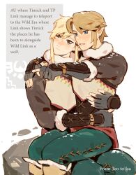  2boys blonde_hair blue_eyes blush brown_eyes cropped_legs english_text highres hug link long_sidelocks multiple_boys oc_x_canon pointing pointy_ears pyonteo shirt sidelocks sitting sitting_on_person snow_on_body snow_on_head snowquill_set_(zelda) the_legend_of_zelda white_shirt 