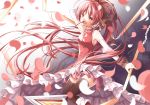  1girl bare_shoulders black_legwear chain hair_ribbon long_hair looking_at_viewer mahou_shoujo_madoka_magica open_mouth petals pocky polearm ponytail red_eyes redhead ribbon sakura_kyouko skirt smile solo spear thighhighs transistor very_long_hair weapon 