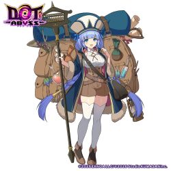  1girl backpack bag berisa_(dot_abyss) blue_eyes blue_hair boots braid breasts brown_shorts copyright_name dot_abyss flask full_body fur_trim game_asset hat hifumi_chiyoko highres holding holding_staff large_breasts long_hair looking_at_viewer marina_(dot_abyss) official_art open_mouth potion shorts simple_background smile solo staff standing test_tube thigh-highs twin_braids twintails very_long_hair vial watermark white_background white_thighhighs 