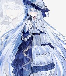  1girl absurdres artist_request black_gloves chinese_commentary commentary_request commission dress feet_out_of_frame flower frilled_dress frilled_sleeves frills gloves hand_up hat hat_flower highres long_dress long_hair long_sleeves looking_at_viewer mahou_shoujo_no_majo_saiban neck_ribbon ribbon second-party_source smile solo spoilers standing tsukishiro_yuki very_long_hair white_dress white_flower white_hair white_hat white_ribbon zoom_layer 