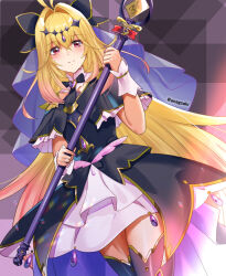  1girl antenna_hair aona_(anagasaki) arm_across_waist arms_across_body black_bow black_bowtie black_capelet black_dress black_shoes black_thighhighs blonde_hair blush bow bowtie brooch capelet closed_mouth commentary_request cure_arcana_shadow diamond_hairband dress dutch_angle frilled_capelet frilled_cuffs frills from_side hair_between_eyes hair_intakes heart heart_brooch highres holding holding_staff jewelry long_hair looking_at_viewer magical_girl meitantei_precure! moria_luluka pink_eyes precure purple_veil shoes simple_background smile solo staff tear_arcana_rod thigh-highs twitter_username two-handed veil very_long_hair wrist_cuffs 