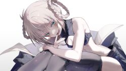  1girl absurdres black_nails black_shorts blue_eyes blunt_bangs braid braided_hair_rings breasts cleavage_cutout clothing_cutout commentary_request crop_top hair_rings highres legs looking_at_viewer nanakusa_nazuna_(yofukashi_no_uta) navel open_mouth short_hair shorts simple_background sleeveless smile solo thigh-highs thighs tokkieee_qian white_background yofukashi_no_uta 