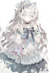  1girl absurdres bag blue_bow blue_eyes bow choker commission dress envelope frills hair_bow hair_ornament hairclip highres jewelry long_hair long_sleeves looking_at_viewer original shoulder_bag solo white_background white_hair x_hair_ornament you_yu_xi_wa_wa 