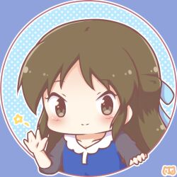 1girl blue_background blue_bow blue_dress blush bow brown_eyes brown_hair chibi closed_mouth collared_dress commentary_request dress hair_bow idolmaster idolmaster_cinderella_girls long_hair looking_at_viewer mitarashi_neko polka_dot polka_dot_background signature smile solo star_(symbol) tachibana_arisu upper_body 