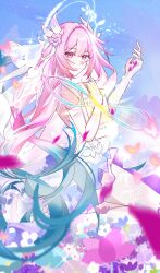  1girl amphoreus_(honkai:_star_rail) as_i've_written_(honkai:_star_rail) blue_sky book bridal_veil chengzhiheshanzha chinese_commentary commentary_request cyrene_(demiurge)_(honkai:_star_rail) cyrene_(honkai:_star_rail) diamond-shaped_pupils diamond_(shape) dress flower hair_flower hair_ornament halo highres holding holding_book honkai:_star_rail honkai_(series) long_hair looking_at_viewer mobius_strip multicolored_hair pink_hair sky smile solo symbol-shaped_pupils two-tone_hair veil very_long_hair violet_eyes white_dress 