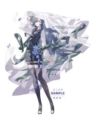  1girl absurdres blue_flower blue_hair boots commission flat_color flower full_body highres long_hair long_sleeves looking_at_viewer original shi_dan shirt simple_background solo tachi-e thigh-highs very_long_hair vest white_background white_shirt 