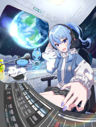  1girl absurdres alien asymmetrical_sidelocks blue_eyes blue_hair c.c._lemon cat chair control_knob dial double-parted_bangs earth_(planet) foreshortening gaming_chair hand_to_head headphones highres hololive hoshimachi_suisei hoshimachi_suisei_(11th_costume) jacket lens_flare multicolored_jacket on_moon planet purple_nails reaching ribbed_sleeves shooting_star side_ponytail sidelocks sitting skirt solo_focus soware spacecraft_interior star_(symbol) star_in_eye swivel_chair symbol_in_eye two-tone_jacket virtual_youtuber white_cat window 