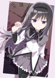  1girl akemi_homura akemi_homura_(magical_girl) black_hair black_hairband border bow bowtie capelet closed_mouth commentary_request cowboy_shot drop_shadow frilled_skirt frills grey_capelet grey_skirt hairband hand_up highres long_hair long_sleeves magical_girl mahou_shoujo_madoka_magica mahou_shoujo_madoka_magica_(anime) miniskirt outline outside_border pink_border pleated_skirt purple_bow purple_bowtie shigure_(rinky_creater) shirt skirt solo violet_eyes white_outline white_shirt 