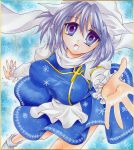  1girl amedama_(mikan_ame) apron blue_eyes blush breasts hat lavender_hair letty_whiterock long_sleeves open_mouth scarf short_hair skirt smile snowflakes solo touhou traditional_media vest 