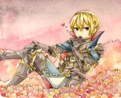  1boy 7mmnote armor black_armor black_hairband blonde_hair collared_capelet commentary_request eating fire_emblem fire_emblem_fates gold_trim hairband heart highres leo_(fire_emblem_fates) looking_at_viewer male_focus mystical_high_collar painting_(medium) pants short_hair sitting solo traditional_media two-sided_capelet watercolor_(medium) white_pants 