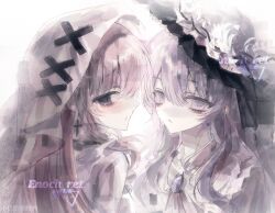  2girls artist_name bib_collar black_eyes blonde_hair chinese_text closed_mouth cross cross_earrings cross_ornament dress earrings enoch_yn flower hat hat_flower highres hikami_meruru jewelry long_hair looking_at_viewer mahou_shoujo_no_majo_saiban multiple_girls portrait signature simple_background spoilers translation_request tsukishiro_yuki veil very_long_hair watermark white_background white_dress white_eyes white_hair white_hat white_veil 
