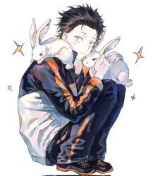  1boy animal animal_on_shoulder black_hair closed_mouth commentary full_body hair_slicked_back highres holding holding_animal holding_rabbit honghe_guo jacket legs_together looking_at_viewer natsuki_subaru rabbit re:zero_kara_hajimeru_isekai_seikatsu short_hair simple_background squatting track_jacket track_suit untranslatable_commentary white_background white_rabbit_(animal) 