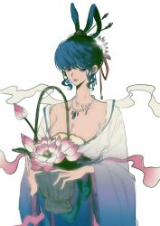  1girl absurdres bandeau bloom blue_hair bowl_cut breasts chinese_commentary commentary_request dress ear_ornament flower hagoromo hair_ornament hair_rings hairclip highres holding_vase jewelry kaku_seiga lotus necklace shawl short_hair touhou white_dress white_sleeves xiaowulianglin1 