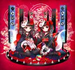  anklet babymetal ball black_hair bow choker drill_hair fox_mask guitar hair_bow instrument japanese_clothes jewelry kimono mask nail_polish necklace obi paper_crane pentagram ringonaki shoes sitting skull speaker spike thigh-highs twin_drills wariza zettai_ryouiki 