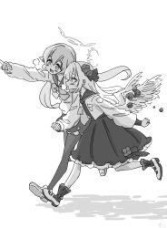 2girls azusa_(blue_archive) blue_archive blush breath commentary_request feathered_wings full_body greyscale halo hifumi_(blue_archive) highres holding_hands interlocked_fingers long_hair long_sleeves looking_ahead monochrome multiple_girls nishino_hikoji pantyhose pointing running school_uniform serafuku simple_background straight_hair twintails very_long_hair wings yuri 