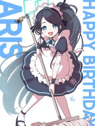  1girl absurdres apron aqua_halo aris_(blue_archive) aris_(maid)_(blue_archive) black_hair blue_archive blue_eyes character_name commentary dot_nose english_text foot_out_of_frame halo happy_birthday highres hirw holding holding_mop kei_(orange_robot)_(blue_archive) long_hair looking_at_viewer maid maid_apron maid_headdress mop neck_ribbon open_mouth ponytail puffy_sleeves ribbon short_sleeves signature smile solo strappy_heels teeth upper_teeth_only very_long_hair 