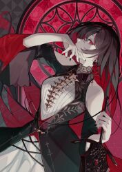  1girl arcaea bare_shoulders black_dress black_hair black_nails clothing_cutout collared_dress colored_inner_hair cross cross_earrings dress earrings holding holding_sword holding_weapon jewelry large_earrings long_hair long_sleeves looking_at_viewer mgr_palelight mir_(arcaea) multicolored_hair nail_polish red_eyes red_hair shoulder_cutout solo stained_glass sword upper_body weapon wide_sleeves 